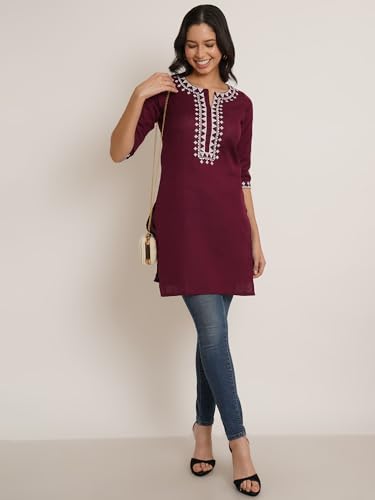 Image of Brownverse Pure Cotton Embroidered Women Short Kurti