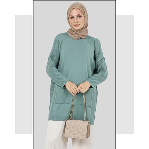 Image of Women's Knitted Sweater | Long Sleeve Loose Fit Sweaters with Front Pocket Detail | Modest Women's Clothing (US, Alpha, Small, Large, Regular, Regular, Sage Green)