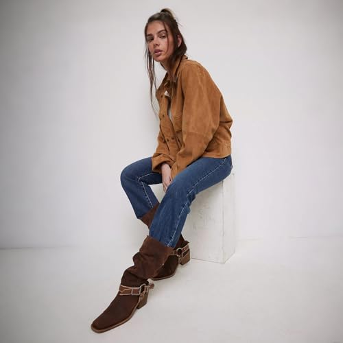 MAVMAX Cowboy Boots with Buckle Slouchy Pull on Mid Calf Boots Cowgirl Fashionable Stacked Chunky Heels Booties for Women Ladies Suede3