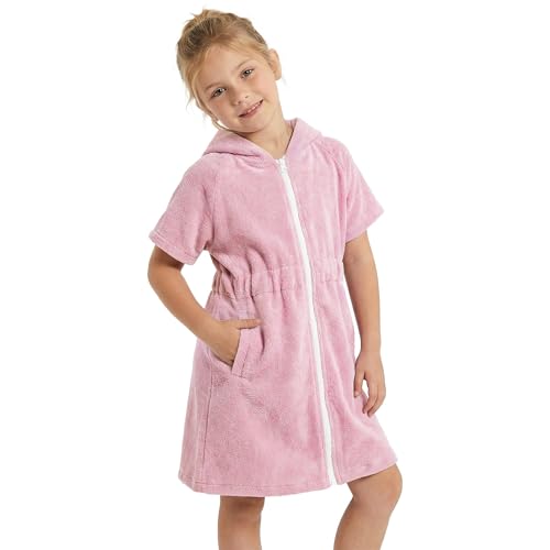 V.&GRIN Girls Swim Cover Up Hooded with Zipper Terry Cloth Quick Dry Absorbent Wrap After Swim Pool Beach for 4-14 Years(Light Pink 7-8)