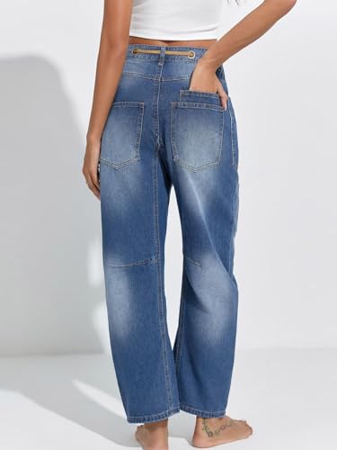 ALSOGO Women's Barrel Jeans Vintage Wide Leg Mid Rise Y2k Baggy Boyfriend Jean Ankle Denim Pants with Drawstring4