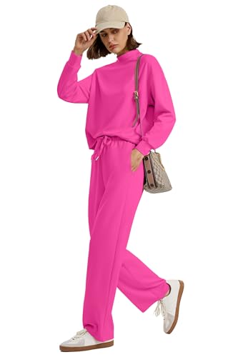 Image of WIHOLL Two Piece Sets for Women Fall Outfits Lounge Sets Mock Neck Tops Wide Leg Pants Vacation Travel Airport Outfits