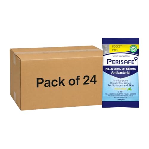 Image of PERISAFE Multipurpose Disinfectant Wipes For Surfaces & Skin | 10 Wipes (Pack of 24) | 100% Biodegradable | Antibacterial | 2-IN-1 | Kills Germs & Cleans Tough Messes | Fresh Mint