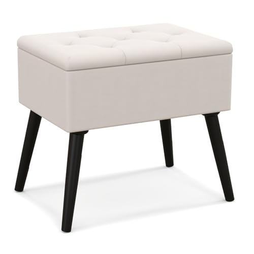Giantex Velvet Storage Ottoman, Flip Top Stool w/Solid Wood Legs High Stability, Large Capacity, Rectangular Upholstered Vanity Stool for Living Room Bedroom, Multifunctional, Black (Beige)