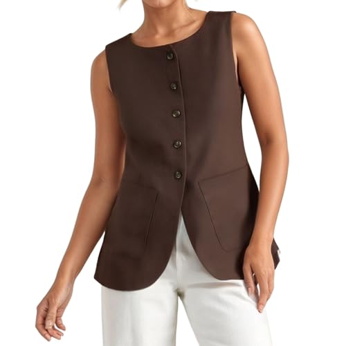 Cexiakong Chaleco de traje para mujer sin mangas cuello redondo tira de botones elegante corte estrecho versátil chaleco de traje liso ropa estética chaqueta de verano, marrón, M