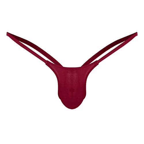 TiaoBug Men's Sexy Spandex Thong Bulge Pouch Gay T-Back Jockstrap Bikini Underwear Wine Red Large(Waist:35.5-57.0"/90-146cm)