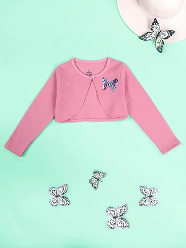 Image of KiddoPanti Girls Fleece Crop Length Shrug | Cotton Poly Fleece Fabric |Sequin Patch on Chest | Front Open Pearl Button Closure | Crop Length, Full Sleeve | Lightweigth & Breathable Girls Shrug