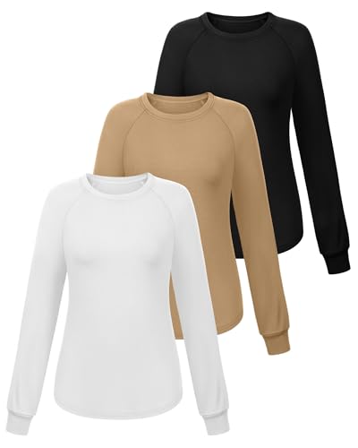 Ficerd 3 Pack Womens Long Sleeve Sweatshirt, Crewneck Loose Fit Casual Tunic Tops, Fall Winter Solid Basic Pullover(Large,Black, Khaki, White)