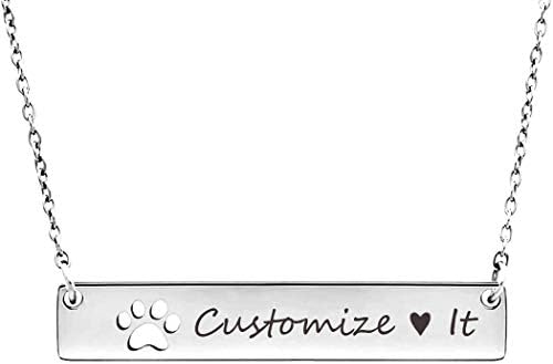 Anavia Personalized Bar Necklace Dog Paw Print Jewelry Custom Name Stainless Steel Pendant Necklace Gift for Puppy Lover Women Men Teens Girls Friends, Free Engraving