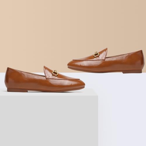 Image of Women's Classic Bit Loafers - Structured Faux Leather Business Work Flats, Comfortable Slip On Dress Shoes with Gold Metal Buckle (Updated True Size)