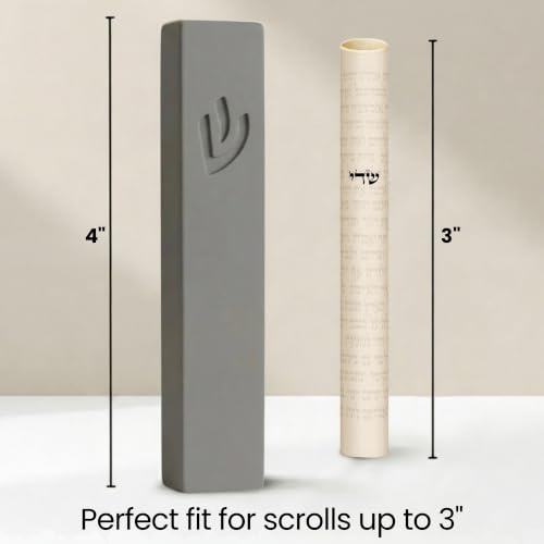 Image of SURI Mezuzah for Door - 4 Inch Light Gray Concrete Mezuzah Case with Non Kosher Scroll, Judaica Entry Design, Fits a 3 Inch Mezuza Scroll, Gift Box Included