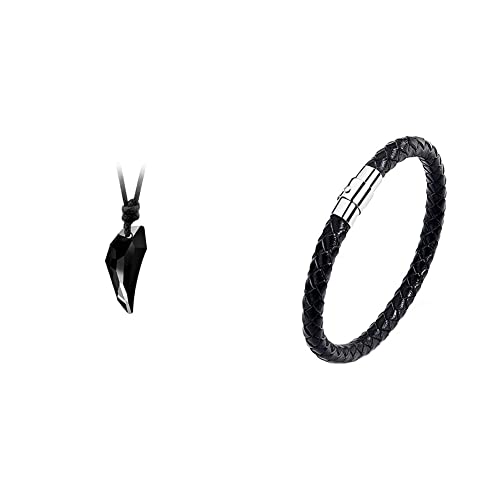 Yellow Chimes Wolf Tooth Crystal Adjustable Black Leather Rope Pendant for Men and Women and Yellow Chimes Casual Band Collection Strand Bracelet for Men (Black)