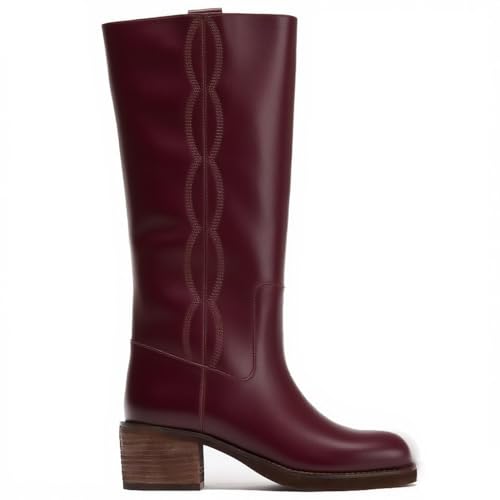 YIYA Women's Knee High Boots Square Toe Wide Calf Chunky Block Low Heels Riding Long Boots Pull On