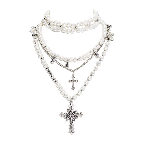 Bocar Gothic Cross Layered Pearl Necklace Chunky Statement Stacked Necklace Y2K Silver Layered Necklace for Women (NK-10769)