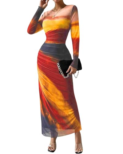 MOEENCN Women Sheer Mesh Maxi Dress Long Sleeve Bodycon Birthday Outfits Ruched Tie Dye Cocktail Club Party Dresses