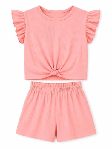 Image of Girls 2 Piece Outfits Summer Ruffle Sleeve Top and High Waisted Striped Shorts Set for Girls 7-14