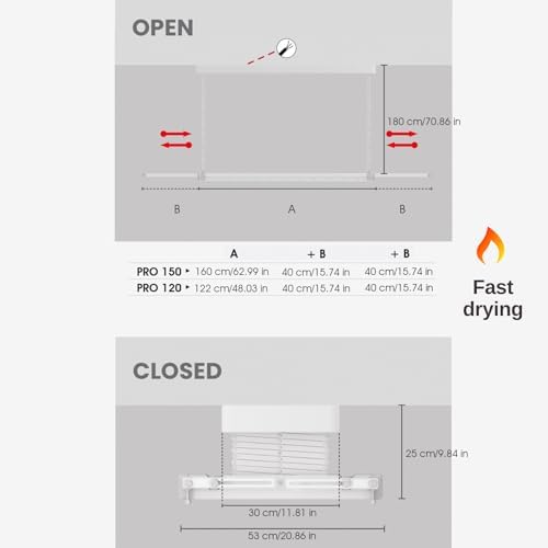 foxydry Pro Heating Ceiling Airer, Remote Control Airer with Warm Ventilation in Aluminium and Steel for Bed Sheets 160x53x25 cm / 63x20.86x9.84 in