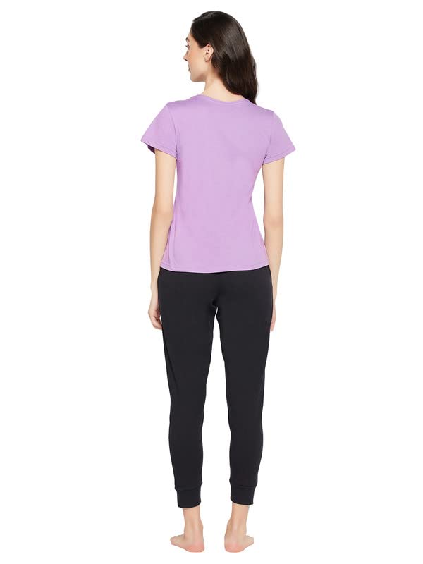 Image of Clovia Women's Cotton Text & Graphic Print Relaxed Top & Solid Jogger Pyjama Set