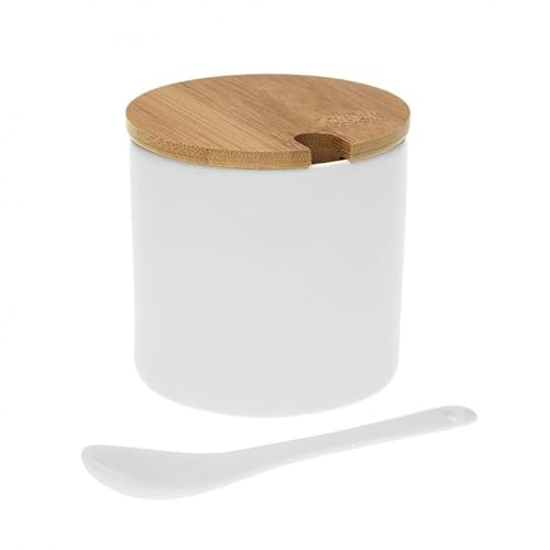 Azucarero para Cocina Cerámica Blanco/ Azucarero Para Azúcar Circular con Tapadera de Madera + Cuchara Para Servir/ Cuenco para Azúcar/ Tarro Para El Azúcar Hecho de Cerámica + Madera Cover