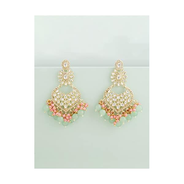 Zaveri Pearls Green & Pink Cluster Beads Kundan Ethnic Dangle Yellow Gold Earring For Women-ZPFK13547 - Image 5