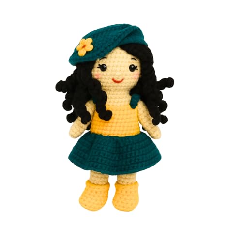 Image of Sutra Handmade Crochet Doll in Yellow & Teal Dress with Cap | Wool Amigurumi Plush Toy | Soft Handmade Gift for Kids, Nursery & Home Decor