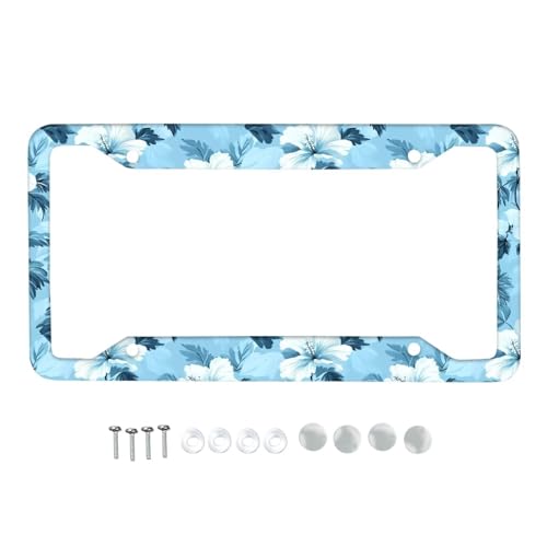 KEIAHUAN Blue Hubiscus Flowers License Plate Frames Stainless Steel Car Licence Plate Covers with Screws Car Number Plate Frames Universal License Plate Cover Fits All Standard Plates