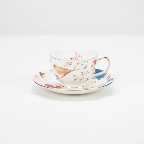 GOLDEN QUEEN'S Tea Cup Set with Kettle - Set of 6 Cups, 6 Saucers & 1 Kettle | 24 Carat Detailing | 13 Piece Tea Set | Tea Kettle Set - Blooming Birdsong Tea Set