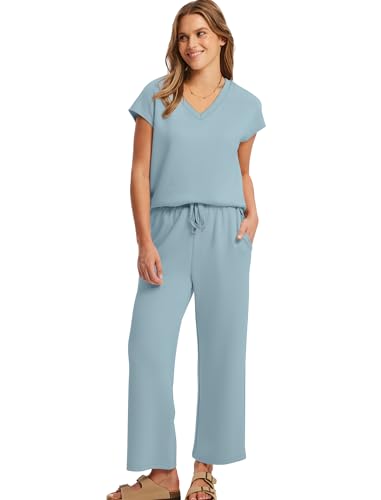 Image of Saloogoe Two Piece Sets for Women Summer Outfits Lounge Sets V Neck Tops Wide Leg Pants Woman Vacation Travel Outfits