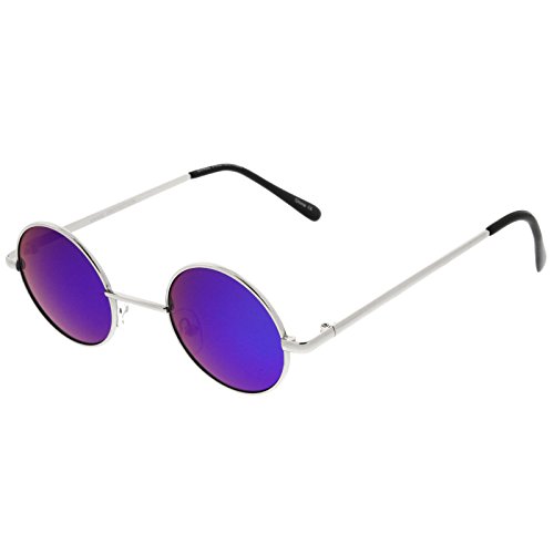 Small Retro Lennon Style Colored Mirror Lens Round Metal Sunglasses 41mm (Silver/Green-Blue Mirror)