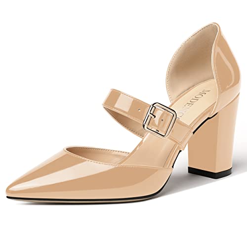 MODENCOCO Women's Pointed Toe Instep Adjustable Strap Buckle Patent Cut Out Block High Heel Pumps Shoes 3.5 Inch