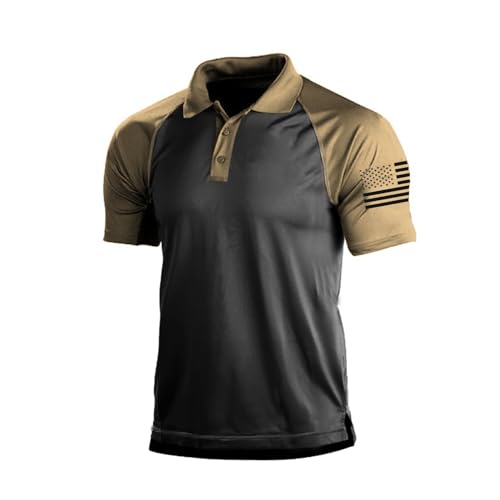 H HYFOL Polo Shirts for Men Contrast Color Short Sleeve Graphic Stretch American Patriotic Raglan Golf Polos for Men(Black Copper S)