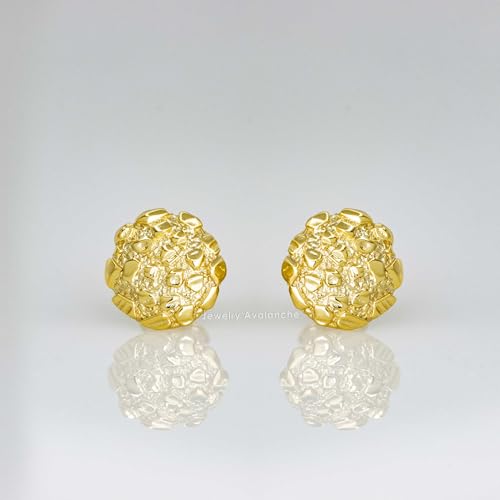 Nugget Stud Earrings - Yellow Gold Plated Sterling Silver Textured Chunky Studs - Hypoallergenic Minimalist Earrings for Men-Women3