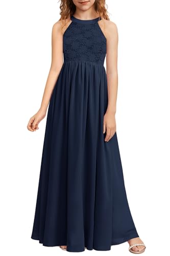 HOSIKA Girls Halter Neck Sleeveless Elegant Lace Chiffon A-line Long Flower Girl Dress for Wedding Party 6-12 Y