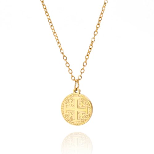 EUEAVAN Jerusalem Crusaders Cross Pendant Necklace Jerusalem Medallion Disc Greek Religious Medieval Jewelry Baptism Gift Women Men