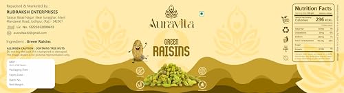 Image of Auravita Healthy Green Raisins 250gm | 100% Natural Dried Grapes (Kishmish) | Nutritious, Delicious & Healthy Snack | Source of Fibre in Nuts | No Preservatives in Dry Fruit
