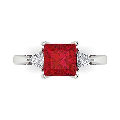 Clara Pucci 2.32 ct Brilliant Princess Cut Simulated Ruby 14k White Gold 3 Stone anniversary Wedding Engagement Ring