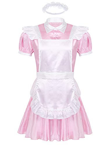 iiniim Herren Sissy Kleid Dienstmädchen Kostüm Französisch Uniform Cosplay Kostüm Dessous Crossdresser Nachtkleid mit Schürze Stirnband Rosa XL