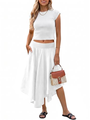 Image of Tankaneo Womens 2 Piece Skirt Set Summer Casual Cap Sleeve Ribbed Crop Tops Midi Dress Vacation Outfits with Pockets
