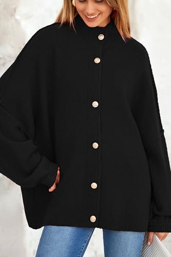 Image of PRETTYGARDEN Women's Winter Button Down Cardigan Sweaters Mock Neck Lantern Long Sleeve Chunky Knit Jacket Trendy Outerwear (Black,X-Large)