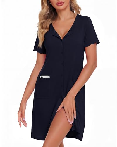 Image of ZOOSIXX Nightgowns for Women - Short Sleeve Sleepwear Button Up Pajamas for Women V-Neck Sleepwear Dress with Pockets