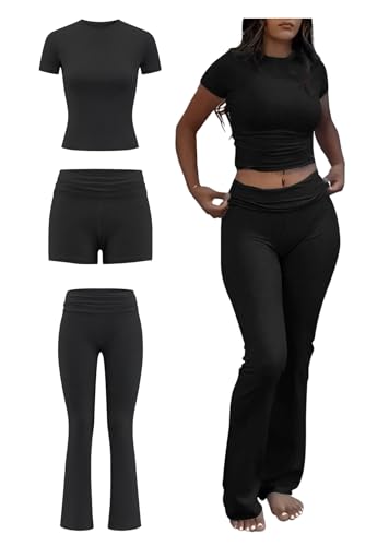ZFLM Casual Women's 3-Piece Set Short Sleeved T-Shirt High Waist Folded Shorts Flare Leggings Pants Sports Set Workout