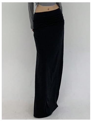 GORGLITTER Women's Side Slit Bodycon Maxi Skirt Low Waist Ruched Pencil Long Skirts with Slit Dressy Fall 20254