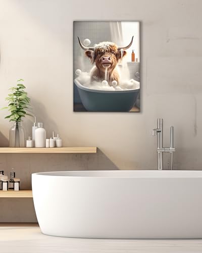 UPWOIGH Funny Bathroom Wall Art Decor,Highland Cow Wall Art, Waterproof Wood Framed Canvas Wall Art Bathing Animals Humor Abstract Prints, 12x16in High-end Pictures for Bedroom Kids Room 1 Pack