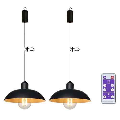 YIKEGE LICHT 2X Battery Operated Outdoor Chandelier for Gazebo Pendant Light Industrial Hanging Lamp with Remote Decorative Lights Indoor Lantern Powered by 4*AA Batteries for Porch Pavilion Camping