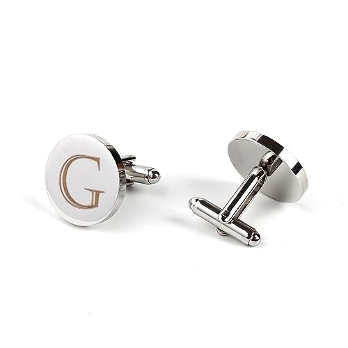 Image of Mens Initial Silver Cufflinks A-Z Alphabet Letter Steel Cuff Links with Engraved Walnut Wood Box Groom Groomsman Wedding Set