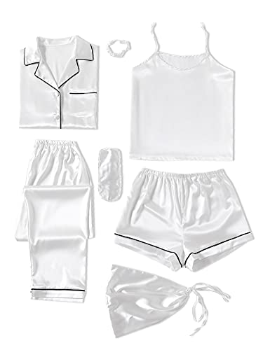 LYANER Women's Pajamas Set 7pcs Silk Satin Sleepwear Loungewear Cami Shirt Pj Set