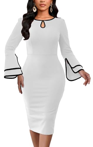 Image of ZonJie Church Dresses for Women Bell Sleeves Business Wear to Work Cocktail Party Pencil Casual Dress