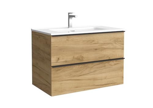 Salgar Mueble de baño Nabua 80 cm Roble con Tirador de pestaña | Lavabo de Porcelana