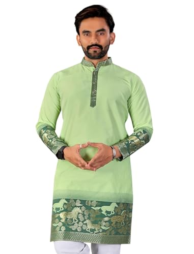 Image of Men's Cotton Silk Kurta with Jacquard Work Full Sleeves Floral Printed Side Slit and Mandarin Collar Neck | Kurta Pajama Set for Men Cotton Wedding | Short Kurta for Men