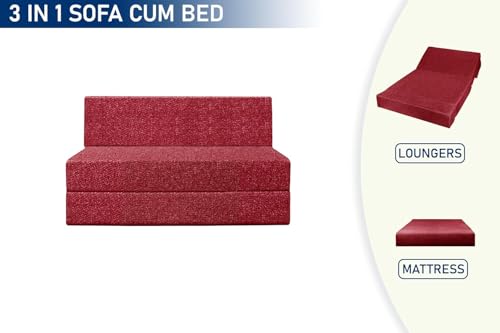 Image of Foldable 1 Seater Sofa Cum Bed, Sofa Bed 3 X 6 Feet, Jute Fabric- Washable Cover- Including One Cushion Perfect for Home & Office - Red Color